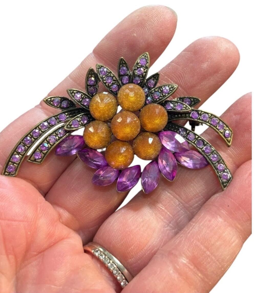 Vintage Purple Rhinestone & Goldstone Flower Brooch Antiqued Statement Pin